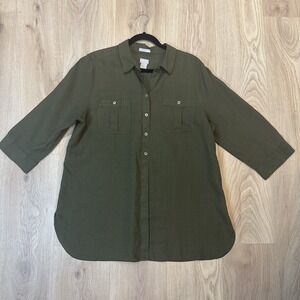 Chicos Sz 3 XL 1X Button Down Tunic Top LINEN Blouse‎ Top Forest Green No Iron